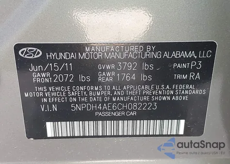 2012 Hyundai Elantra Limited z USA, uszkodzony, nr VIN 5NPDH4AE6CH082223